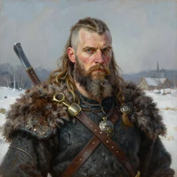 realistic portrait painting of viking barbarian, winter, epic, gwent, steve huston style newell convers wyeth