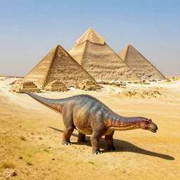 giant stegosaurus in front of the pyramids in egyptian landscape, grasslands, aerial view, high quality digital art, concept art, trending on artstation, award winning, fantasy matte painting