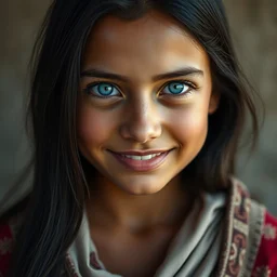 a beautiful afghan girl, cute smile, soft lighting, professionally retouched, highly realistic, smooth face, blue sharp eyes, black hair, very sharp focus, wide angle shot, insanely detailed, gorgeous, photo by steve mccurry