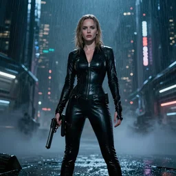 anna paquin starring in a cyberpunk movie in a distopic futuristic city in the style of bladerunner, wearing a black catsuit, holding a gun, movie still, highly detailed, rainy night, volumetric lights, studio lighting, dramatic, scifi, sharp focus, ground mist