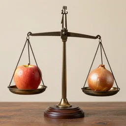 set of balance scales with weights, libra symbol, one appleone onion in other dish