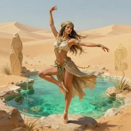 a full body portrait of a beautiful post apocalyptic offworld desert bedouin thief savage rogue in beggars clothes in ballet pose by the emerald oasis pools, intricate, elegant, highly detailed, digital painting, artstation, concept art, smooth, sharp focus, illustration, art by krenz cushart and artem demura and alphonse mucha