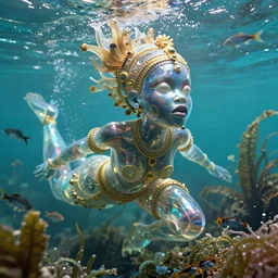 hyperrealistic cinematic very expressive! translucent!! african goddess, full body, underwater scene with fish and algae, gold jewerly, highly detailed face, digital art masterpiece, eric zener cam de leon, dramatic pearlescent turquoise light on one side, long shot, low angle uhd 8 k, shallow depth of field