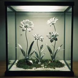 flowers made of chrome in the terrarium, film photo, soft lighting, album cover
