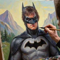 a closeup photorealistic photograph of bob ross working on a canvas painting of batman. film still. brightly lit scene. mountains and trees. this 4 k hd image is trending on artstation, featured on behance, well - rendered, extra crisp, features intricate detail, epic composition and the style of unreal engine.