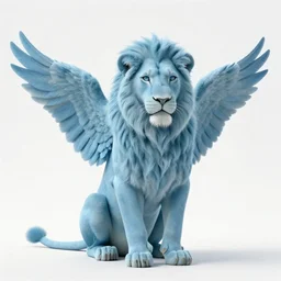 studio photograph of a light blue lioness with wings sitting in a white room
