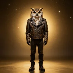 front of owl wearing biker jacket, portrait photo, full body, backlit, studio photo, golden ratio, starry background