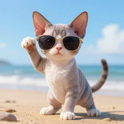 a highly detailed beautiful kitten wearing sunglasses with smooth and streamlined skin, doing an elegant pose on the beach, artstation, deviantart, professional, octane render