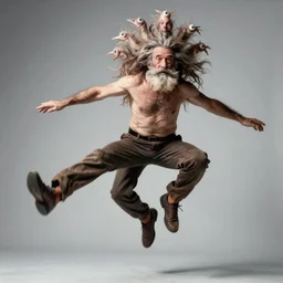 a jumping old 3 headed man, 6 eyes with 3 heads and 6 eyes, long hair, jumping, by annie leibovitz