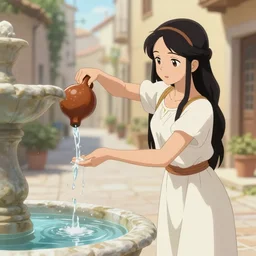 anime girl in a greek womans clothing pouring water out of a gourd into a fountain, spanish alleyway
