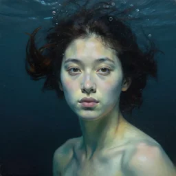 hyperrealist female portrait underwater dark ocean wet in the style of lucian freud and victo ngai and ilya repin very detailed faces