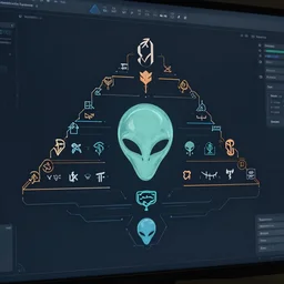 two tone alien glyphs hierarchical outline 3 d diagram by jayden hansen, well designed futuristic software user interface for movie, great composition and information design, concept art, cinematic, trending on artstation, 4 k