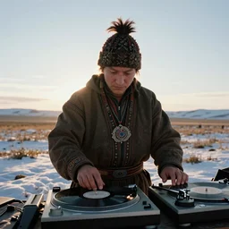 insanely detail hasselblad photo of a Yakutian shaman punk playing tracks on vinyl turntables in tundra with beautiful sunrays in background, trending on artstation