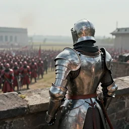 cinematic view from behind a commander wearing polished steel armor standing on the battlements watching an enemy army that is wearing red armor in the distance, by greg rutowski, 4 k, masterpiece