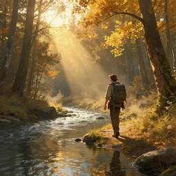 A highly detailed 4K fantasy matte painting of an adventurer walking along the river bank in a forest during the golden hour in autumn, volumetric sun rays and dust, water reflection, Thomas Kinkade, Greg Rutkowski, ArtStation, CGSociety, Unreal Engine
