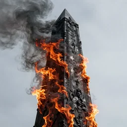 savage electric flames engulfing an obsidian obelisk, rococo, smoky, beautiful, mythical, mystical, highly detailed, hyperrealistic, energy, low light, high contrast, lifelike, bright sky