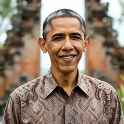 a portrait photo of obama wear batik bali when holiday in bali, perfect faces, sigma 3 5 mm