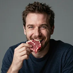 portrait Martin kemp eats raw beef smiling