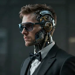 a rugged young engineer man with cybernetic enhancements wearing a suit and bowtie, detailed face with visor, scifi character portrait by greg rutkowski, esuthio, craig mullins, 1 / 4 headshot, cinematic lighting, dystopian scifi gear, gloomy, profile picture, mechanical, half robot, implants, steampunk