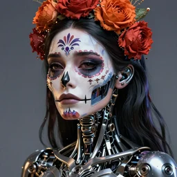 beautiful crying female android! deity, ( mechanical ), intricate, super highly detailed, global illumination, digital painting, concept art, ( el dia los muertos ), smooth, blade runner, sharp focus, photorealism, hd, 8 k, beautiful, cinematic, art by kuciara and moebius and rutkowski and artgerm and mucha and loish and wlop