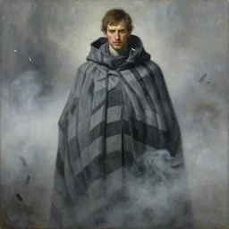 a painting of antony starr wearing a large cloak made of grey and black strips. mist swirls around him. in the background, ash falls. by artgerm and greg rutkowski and alphonse mucha.