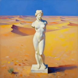 a vast desert valley in the style of kazemir malevich with a marble statue of an ideal human in the middle of the foreground, oil painting, raytracing, 8 k, octane render, volumetric, vivid, beautiful, hyperrealism