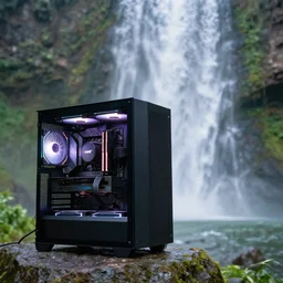 gaming pc standing next to a waterfall, 4k