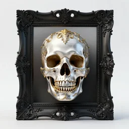 a beautiful, ornate and intricate rococo skull with silver and gold details, inside a black rococo frame, 4k, octane render, vray, unreal engine, photorealistic