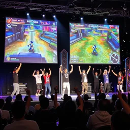 Players celebrating on stage at a video game tournament with professional staging and truss lighting, projector screens showcasing gameplay Super Smash Brothers Ultimate, moment of victory as the crowd cheers and confetti flies through the air