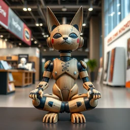 8 k octan, advertising, highly detailed, photo, a totally wooden figurine collectible art toys wooden on feet, very cute fat cyborg meditation smooth zen with cat ears, cyberpunk, graffiti colored, design, showroom, dealership, indoor display, convention, exhibition, a contemporary art gallery, symetrical, masterpiece, nofinito
