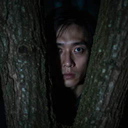 A dark creepy man with bright eyes hiding behind a tree in the woods at night staring, closeup