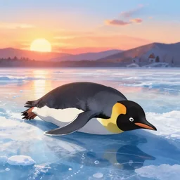 a penguin sliding on the ice floe, by makoto shinkai, highly detailed, sunset light