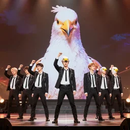 KPOP boy band with bird heads performing on stage at a concert, realistic, historical, wide shot