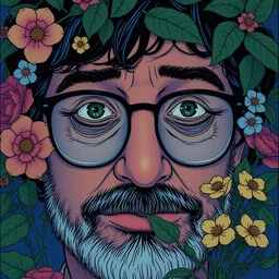 risograph grainy painting of todd solondz anime - todd solondz protagonist face, matte dull colors, glasses, face covered with plants and flowers, by moebius and dirk dzimirsky and satisho kon, blue hour, close - up wide portrait