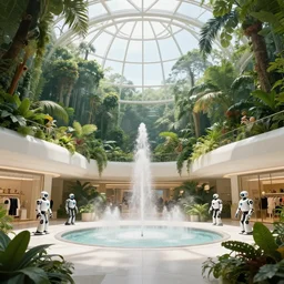 movie still frame, a minimalist shopping mall strip inside a luxurious futuristic city dome in a lush jungle, beautiful composition, sunny, steam, fountains, robots, 8 k, cgi, by ridley scott, james cameron, zack snyder and michael bay