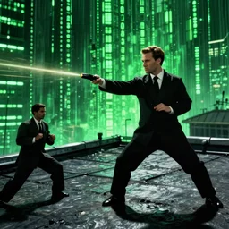 macron dodging bullets on a rooftop, slowtime, in matrix, realistic, matrix lut, cinematic, green matrix light, martial art,