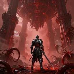 intricate concept illustration, red, fantasy, knight in black armor with greatsword staring at megastructure, large biomes, tentacles, flora, ultra photorealistic, sharp, haze, only red, 8 k