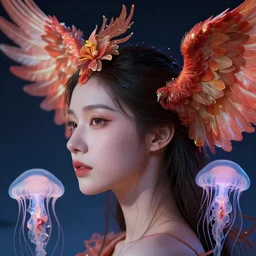 hyperrealism, night background, super zoom, goddess woman super coherent profile close - up beautiful face portrait real human, phoenix crow wings! giant orchid!!, jellyfish!! artwork by tooth wu and wlop. octane render, trending on artstation, greg rutkowski cinematic, hyper realism, high detail, octane render, 8 k