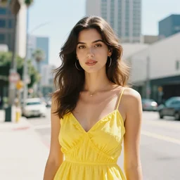 portrait photo of a beautiful brown hair woman in a yellow sun dress in downtown Los Angeles, Kodak Portra 400 film