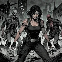An dramatic,  inked comic-book style image of an badass, injured MIB agent encountering an zombie for the first time in a ruined city night, detailed, ominous