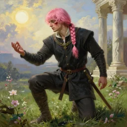 medieval noble male with pink hair and pink bangs which partly cover his face. hair is tied into a neck - length ponytail by a weave - like braid. full body view, dramatic pose, blood on his face, photorealistic oil painting in medieval style, sun in the sky, bloom, green grassy land and white marble columns in the background