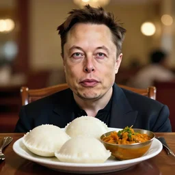 a portrait of elon musk with a plate containing idli and sambar in front of him, highly detailed, trending on artstation, bokeh, 9 0 mm, f / 1. 4