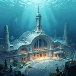 neo - classical train station of massive proportions in an underwater city, illustration by yoann lossell, raphael lacoste