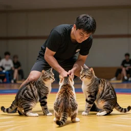 order man wrestling with three cats