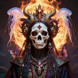 beautiful goddess princess portrait tribal slavic princess skull, ancient high tech, jellyfish phoenix dragon, butterfly squid, burning halo, intricate artwork by Tooth Wu and wlop and beeple, greg rutkowski, symmetrical artwork, cinematic, hyper realism, high detail, octane render, unreal engine, 8k, Vibrant colors, Smooth gradients, High contrast, depth of field, aperture f1.2