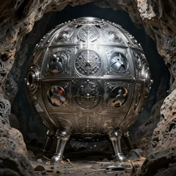 steel spherical golem in cave, intricate, elegant, highly detailed, digital painting, artstation, concept art, smooth, sharp focus, illustration, giger, daren bader, aleksi briclot, mucha, rutkowski