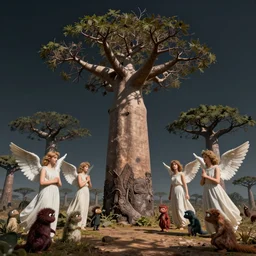 baobab planet, beautiful angels, little mischievous monsters, octane render, very sharp, maurice sendak, beksinski, quint buchholz, charlie bowater, pranckevicius