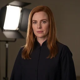Portrait photo of Amy Coney Barrett as a character in movie The Handmaid's Tale, studio lighting, 85mm f/1.4