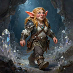 happy female fantasy dwarf miner walking through a crystal mine, dungeon and dragons, oil painting, trending on artstation, octane render, insanely detailed, 8 k, hd