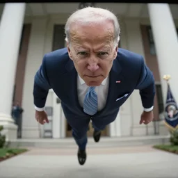security camera footage  of Joe Biden staring angrily at the camera and hovering three feet above the ground